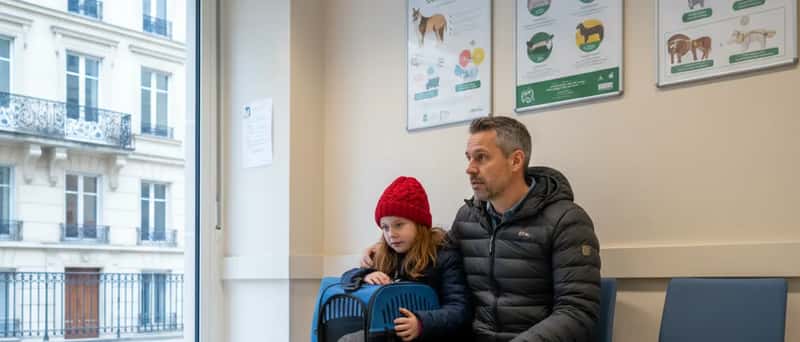 Father and daughter sitting in a veterinary clinic waiting room, the girl holding a cat carrier with quiet concern