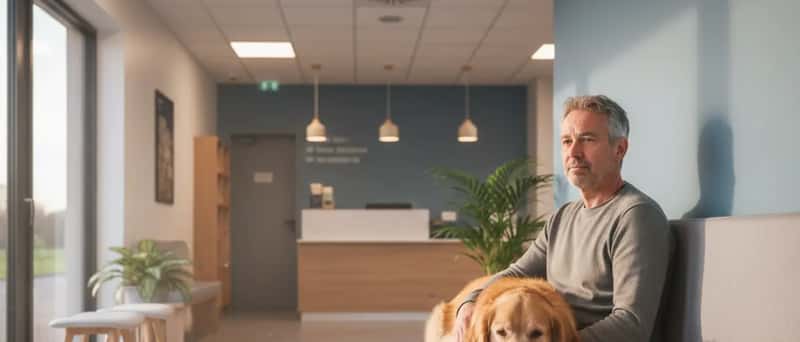 Pet owner waiting with golden retriever in a veterinary emergency clinic at dawn