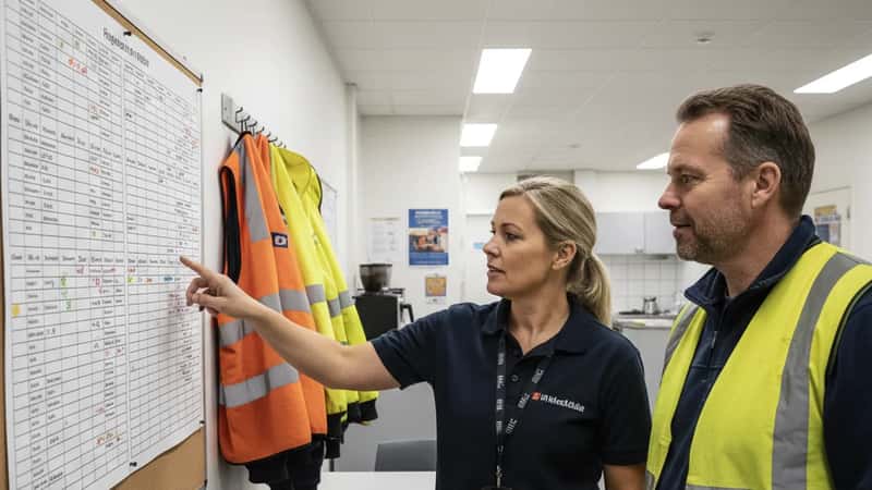 Dispatcher i Herning transportdepot forklarer ferieregler til chauffører ved ferieplan-opslagstavle