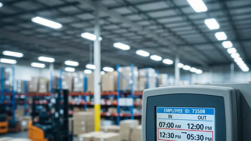 Digital time-clock screen showing punch records with a 30-minute break gap in a Bridgeport Connecticut factory