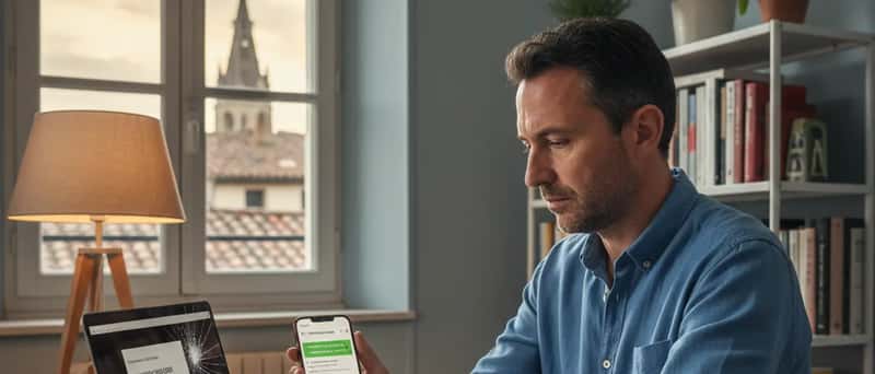 Homme comparant des devis de réparation d'ordinateur portable sur son téléphone dans un bureau à domicile