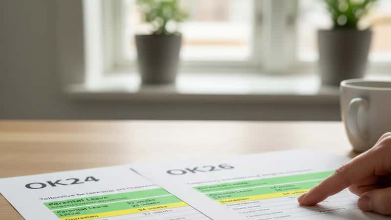 Sammenligning af ferierettigheder i OK24 og OK26 med markerede ændringer i Esbjerg
