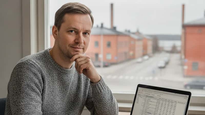 Suomalainen pariskunta neuvottelee asuntolainasta pankkivirkailijan kanssa Tampereen pankkikonttorissa