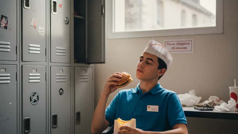 Teenage South Dakota fast food employee sitting in a back-of-house break room eating away from the counter, natural window light