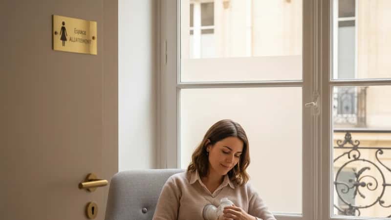 Woman using a breast pump in a private windowed room near her South Dakota workplace, warm natural light, frosted glass privacy