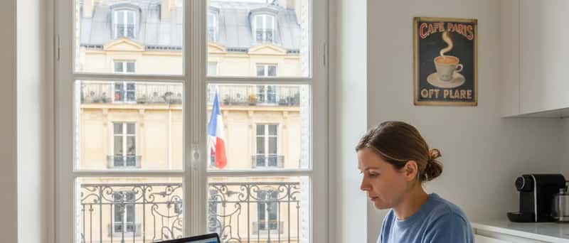 Person sortiert Steuerunterlagen am Laptop auf einem Küchentisch mit Quittungen und Ordnern