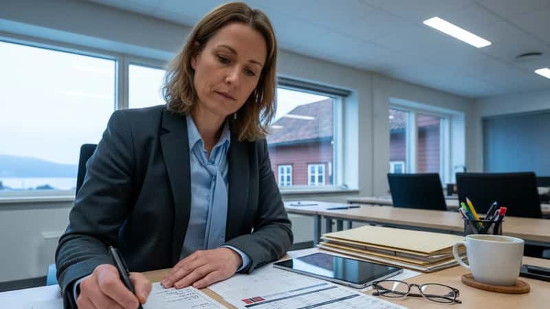 Norsk rektor i Trondheim gjennomgår skolekalender og Ferieloven ferieoversikt ved skrivebordet