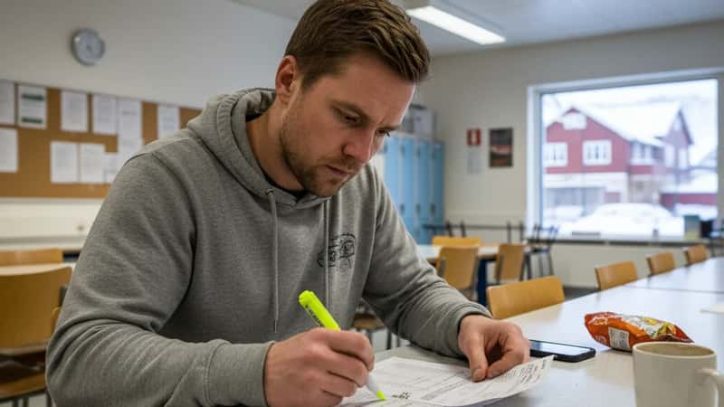 Butikkarbeider sjekker lønnsslipp mot overtidsplan i Tromsø personalrom