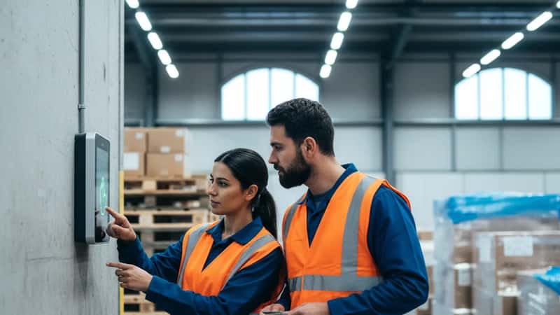 Two warehouse workers in Pittsburgh consulting a time-clock terminal, checking overtime hours on a distribution center floor