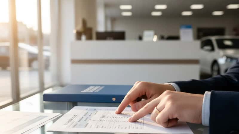 Couple examinant une fiche technique de voiture avec les valeurs CO2 et le poids à un bureau de concessionnaire à Bordeaux