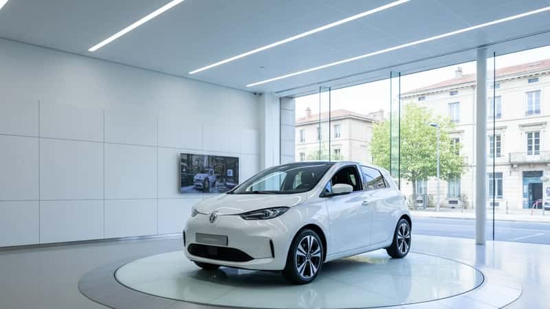 Véhicule électrique blanc exposé dans une salle d'exposition de concessionnaire à Toulouse, intérieur moderne avec sols polis et éclairage LED