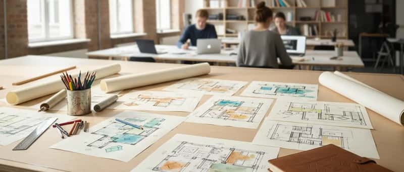 Architekturstudentin skizziert Raumentwürfe an einem Zeichentisch in einem hellen Hochschulatelier