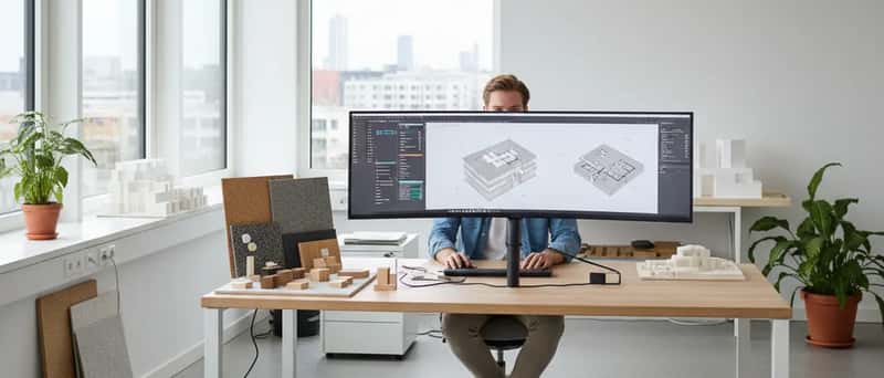 Junge Innenarchitektin arbeitet mit BIM-Software an einem großen Bildschirm in einem modernen Büro