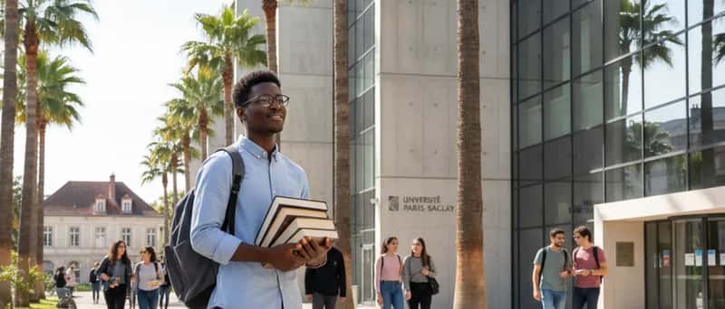 Estudante universitário brasileiro com óculos segurando livros em frente a prédio de universidade