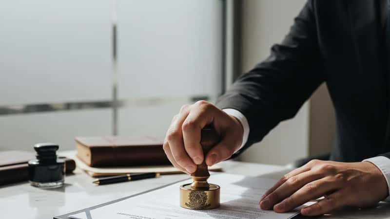 Notário brasileiro autenticando testamento em cartório de São Paulo, luz natural lateral