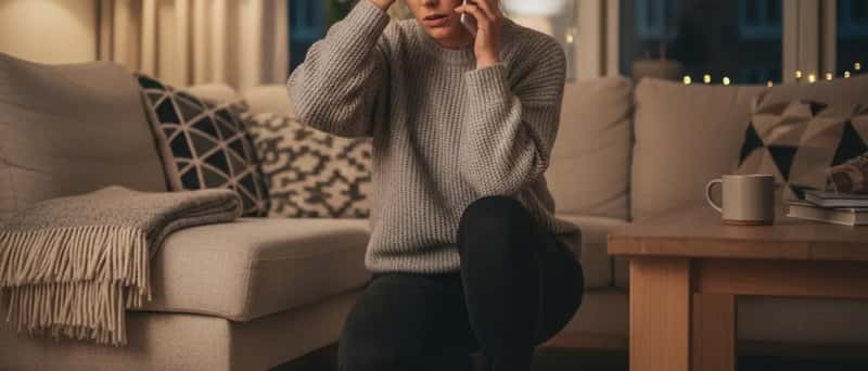 Kvinde ringer til dyrlægevagten fra sin stue om aftenen, mens hendes kat ligger på et tæppe ved siden af