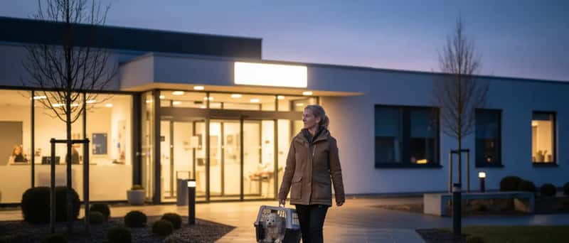 Dyreejer bærer transportkasse med hund mod indgangen til en veterinær akutklinik i skumringen
