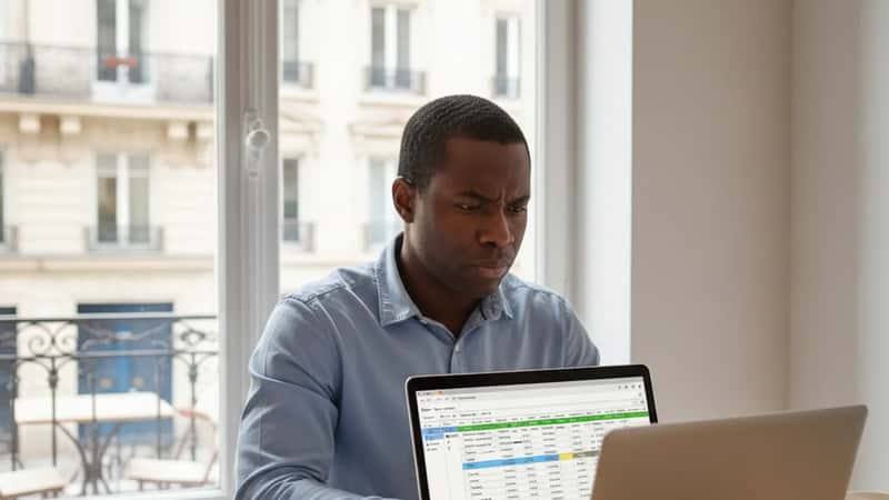 HR manager in Minneapolis Minnesota reviewing ESST accrual spreadsheet on laptop, employee handbook open on desk