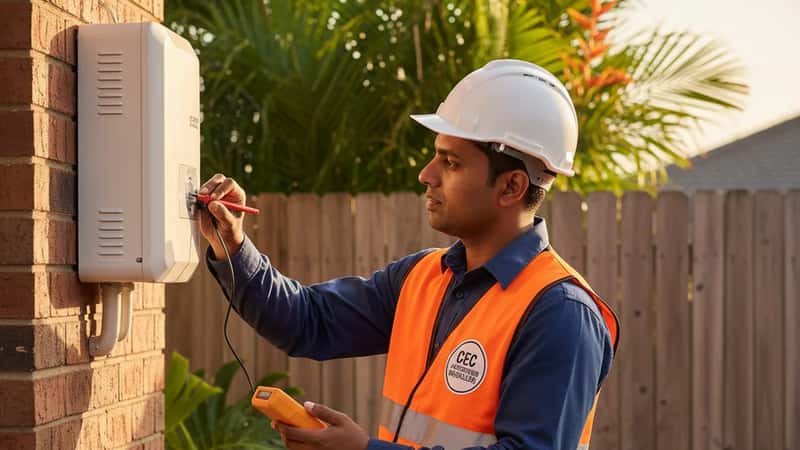 A Brisbane solar installer in hi-vis vest and hard hat checking an inverter unit on the exterior wall of a suburban Queensland home, afternoon sunlight, tropical garden in background