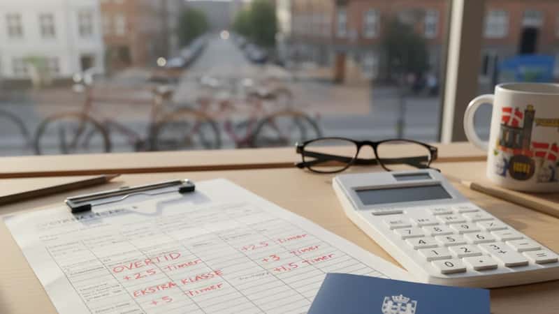 Tidsplan med røde markeringer for overundervisning på en folkeskolelærers skrivebord i København
