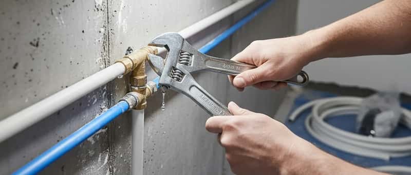 Mãos de canalizador a apertar ligações de tubagem PEX durante uma remodelação de casa de banho