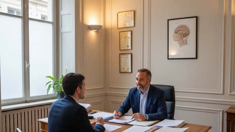 Psychiatre français en consultation hospitalière à Paris, examinant des notes avec son patient, atmosphère clinique de confiance médicale