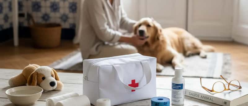 Kit de primeiros socorros veterinários com ligaduras, termómetro e material médico sobre mesa de madeira