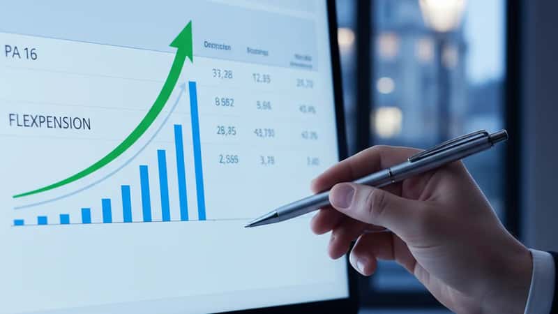 Beräkningstabell för PA 16 och flexpension på skärm i ett stockholmskt statligt ämbetsverk, penna pekar mot en ökande trend i flexpensionsraden
