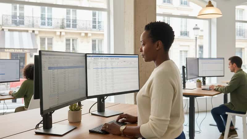 Black female HR manager reviewing sick leave accrual spreadsheet at standing desk in Omaha Nebraska open-plan office, dual monitors, pendant lighting