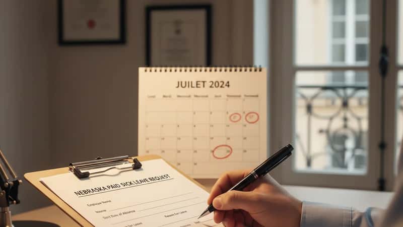 Nebraska employee filling out a paid sick leave request form on a clipboard, pen in hand, wall calendar behind, warm tungsten desk lamp light