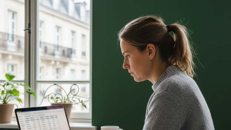 Löneadministratör vid laptop med övertidsberäkningsprogram på ett kontor i Göteborg