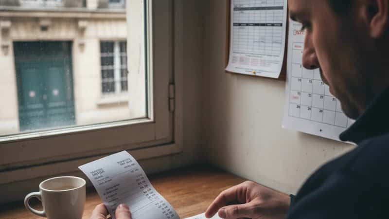 Employee comparing restaurant pay stubs and tip logs in a Huntington WV staff room to discover a minimum wage shortfall