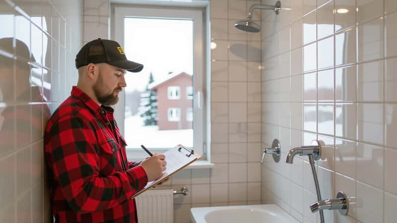 Tamperelaisen vuokra-asunnon kylpyhuoneessa suomalainen mies arvioi seinälaattoja kirjapidolla kädessä, käytännöllinen tarkastustunnelma