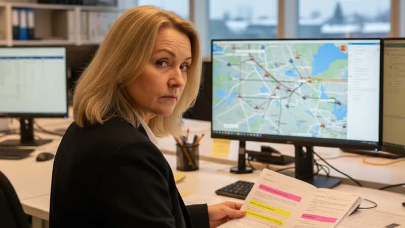 Oululainen logistiikkaosaston HR-päällikkö tarkistaa TES-asiakirjaa toimistossaan — kuljetus- ja logistiikka-alan sopimuksen yksityiskohdat vaativat huolellisen perehtymisen