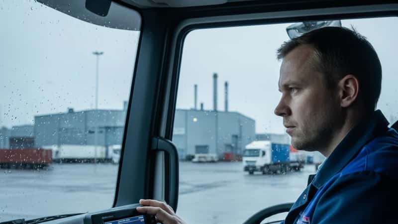 Oulun teollisuussataman läheisyydessä suomalainen kuorma-autonkuljettaja tarkistaa digitaalisen ajopiirturin näyttöä ajoneuvon ohjaamossa — EU-asetuksen EY 561/2006 valvonta on tiukkaa Suomessa