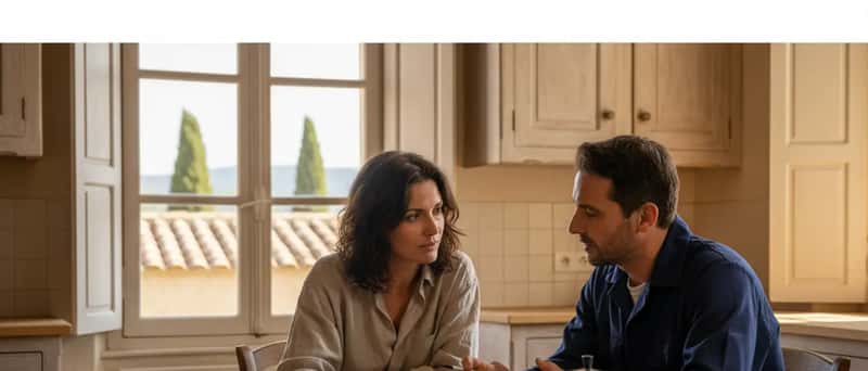 Proprietaria italiana e elettricista seduti al tavolo della cucina a esaminare un preventivo scritto