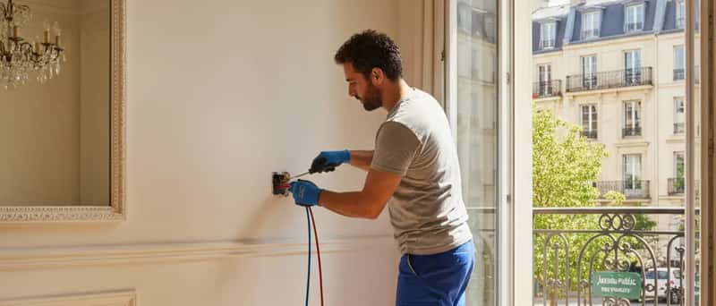 Elettricista italiano installa una presa elettrica in un appartamento residenziale con luce naturale