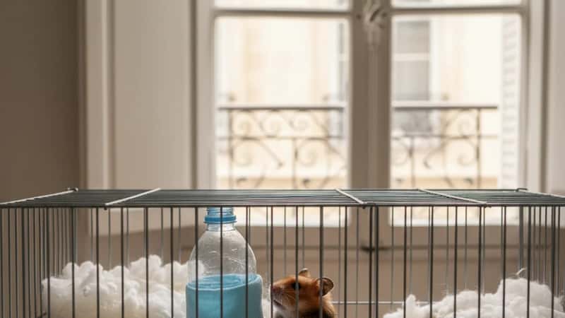 Hamster doré dans sa cage près d'une bouteille fraîche enveloppée d'un linge dans un appartement de Montpellier en été