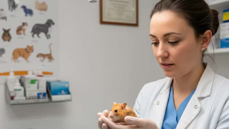 Vétérinaire spécialisée NAC tenant délicatement un hamster dans ses mains lors d'une consultation à Montpellier