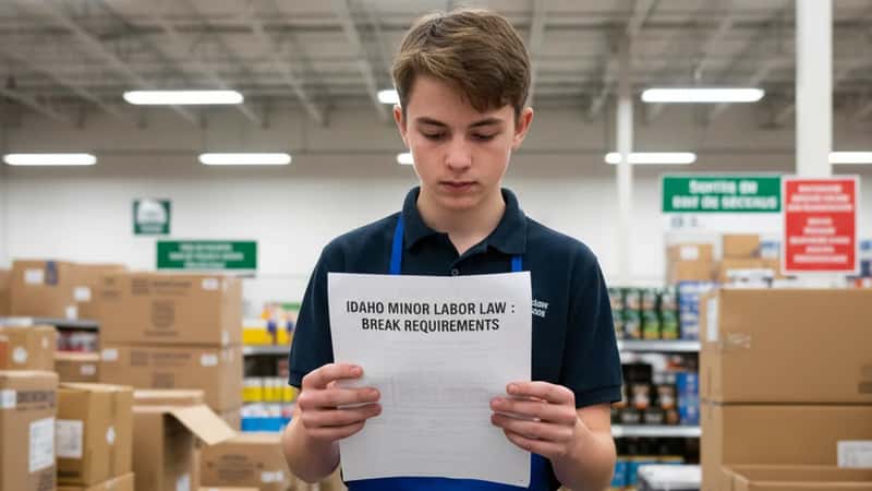 Teen worker in retail uniform reviewing Idaho minor labor law break requirements in a Nampa Idaho stockroom