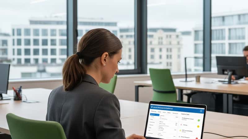 Professionnelle française préparant la conformité e-invoicing sur son ordinateur dans un bureau à Nantes
