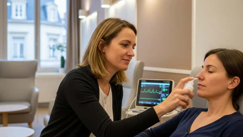 Psychiatre administrant le spray nasal d'eskétamine à un patient dans un hôpital de jour à Nantes, atmosphère clinique calme