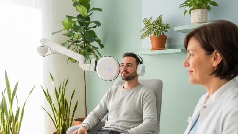 Patient recevant une stimulation magnétique transcrânienne dans une salle de thérapie calme à Nantes, dispositif TMS positionné, lumière naturelle