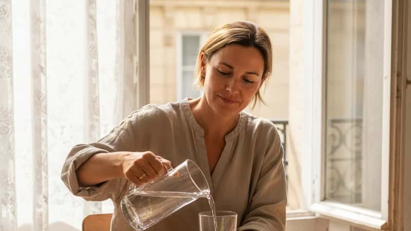 Femme française versant de l'eau dans un verre à une table de cuisine à Nantes, fruits d'été en arrière-plan