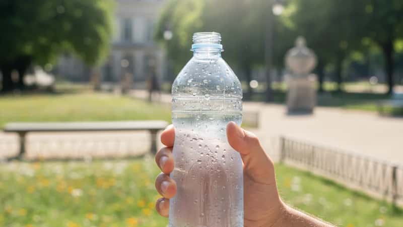 Main tenant une bouteille d'eau fraîche avec condensation dans un parc de Nantes par temps chaud