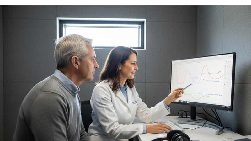 Audiologiste montrant un audiogramme à un patient adulte dans une cabine audiologique de Montréal