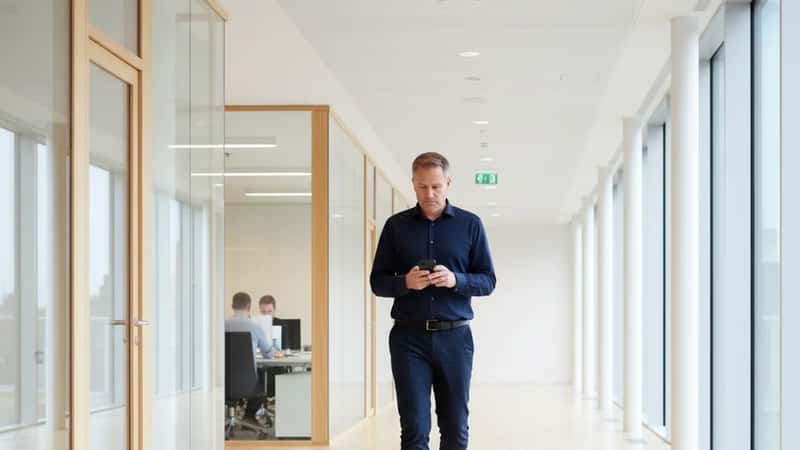 Dansk mand i business casual tjekker sin telefon i korridor foran glasvæggede kontorer i en københavnsk statsadministrationsbygning