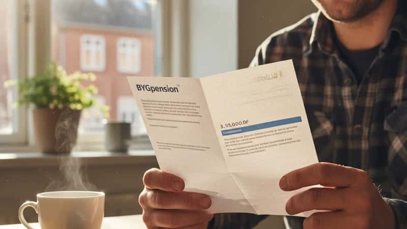 Dansk bygningsarbejder i Odense holder pensionsoversigt fra BYGpension ved køkkenbord med morgenkaffe