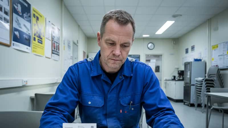 Norsk industriarbeider i Sunndalsøra sjekker lønnsslippen mot Industrioverenskomsten