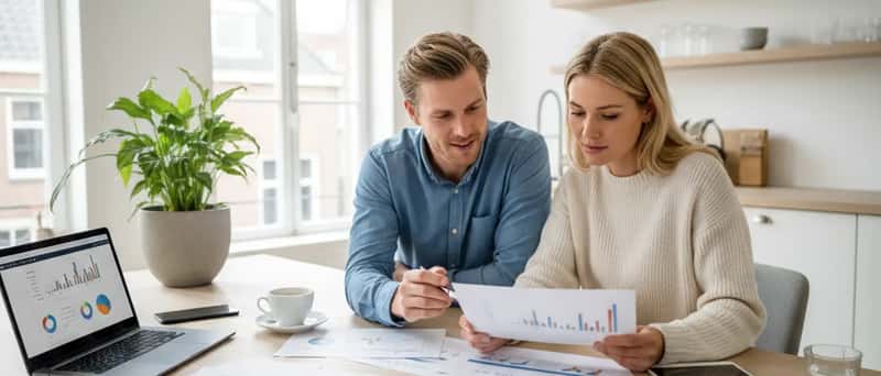 Nederlands echtpaar vergelijkt beleggingsopties aan de keukentafel met financiële documenten